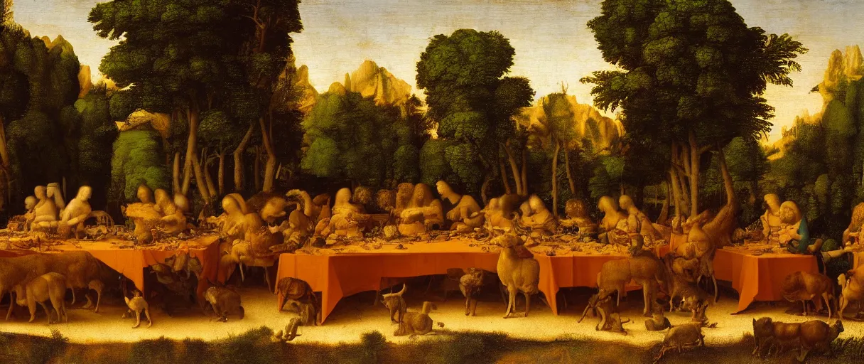 Prompt: A painting by Leonardo Da Vinci featuring a large group of animals sitting at the table, eating dinner. The table is standing in the forest. Golden hour, extremely detailed