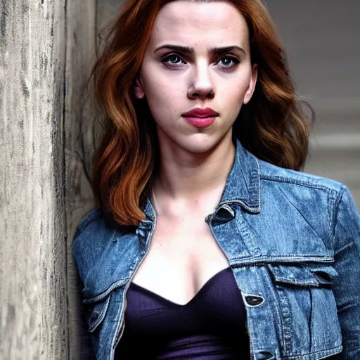 Image similar to a woman who is a genetic combination of scarlett johansson and emma watson face and upper - body focus