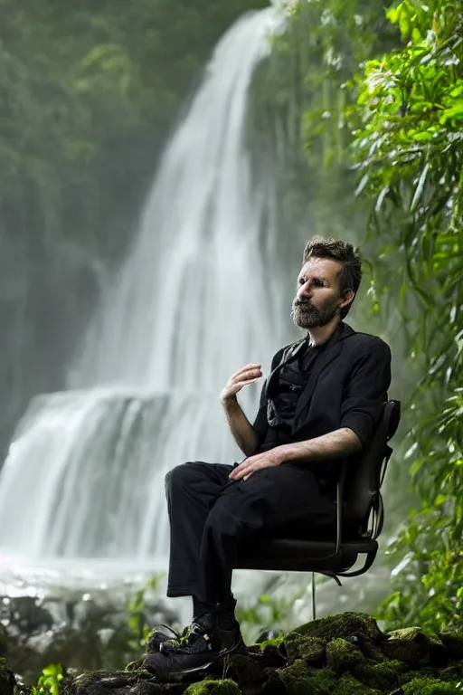 Prompt: movie closeup young man with a grey beard in a cyberpunk suit sitting on a futuristic chair at the edge of a jungle waterfall by emmanuel lubezki