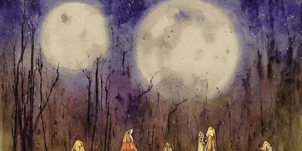 Image similar to forest mystical ceremony under the moon light, fireflies, ominous sky, watercolor by jeffrey catherine jones