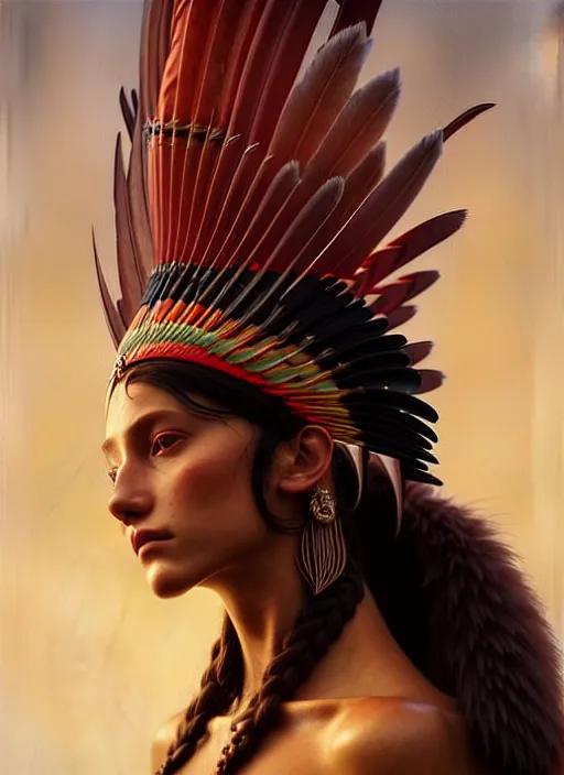 Image similar to gorgeous redskin woman wearing headdress, intricate, elegant, highly detailed, artstation, concept art, smooth, sharp focus, illustration, art by greg rutkowski and stefan kostic and bouguereau