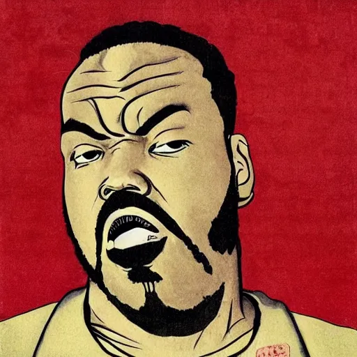 Image similar to Raekwon rapping, portrait, style of ancient text, hokusai