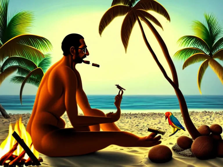 Image similar to side view of gandhi holding a cigar, sitting on a beach, next to a campfire, with palm trees and different types of beach animals parrot turtle lizard crab coconuts in the back, glorious lighting, epic environment, highly detailed, digital art, hyper realistic