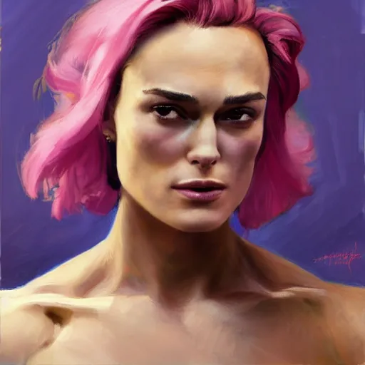 Prompt: greg manchess portrait painting of confident keira knightley with pink hair as beautiful thick muscular female bodybuilder zarya from overwatch, medium shot, asymmetrical, profile picture, organic painting, sunny day, matte painting, bold shapes, hard edges, street art, trending on artstation, by huang guangjian and gil elvgren and sachin teng