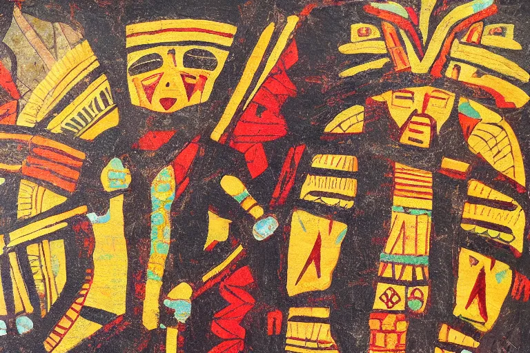 Image similar to 'Dawn of the Aztec godly lights' acrylic on hide, private collection, masterpiece