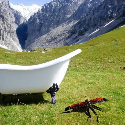 Image similar to dragonfly in a bathtub in the alps, goats!!!!!! sheeps!!! in background