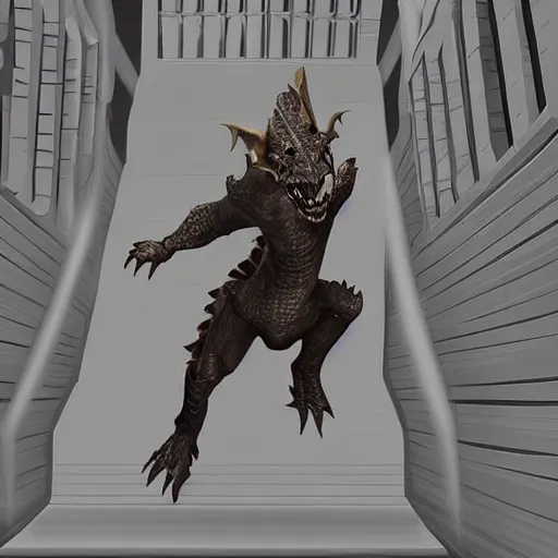 Image similar to digital painting of a dragonborn falling down the stairs, ultra realistic