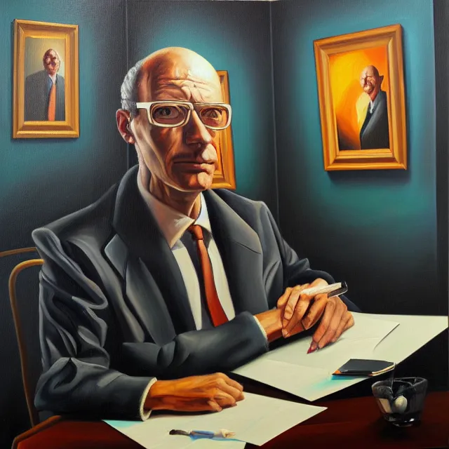 Prompt: an oil on canvas portrait painting of a business man in the office, polycount, surrealism, surrealist, lovecraftian, cosmic horror, high detail