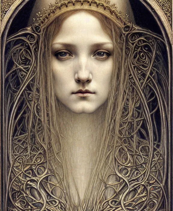 Image similar to detailed realistic beautiful young medieval queen face portrait by jean delville, gustave dore and marco mazzoni, art nouveau, symbolist, visionary, gothic, pre - raphaelite. horizontal symmetry