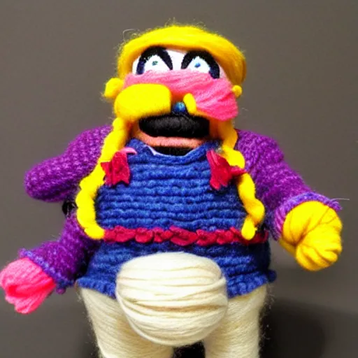 Image similar to a doll of wario made out of yarn