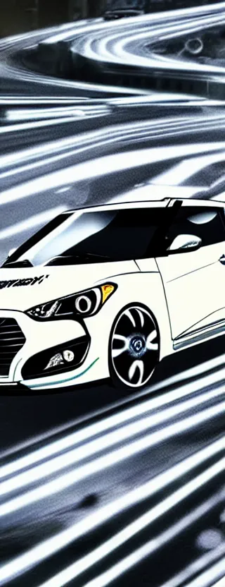 Prompt: hyundai veloster n racing down tokyo highway at night, digital art, super aesthetic, manga, realistic