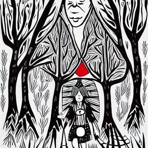 Prompt: north western indigenous art styles of belerose, desjarlais, robbie craig. girl running through a forest of totem poles, gray black white and red noir