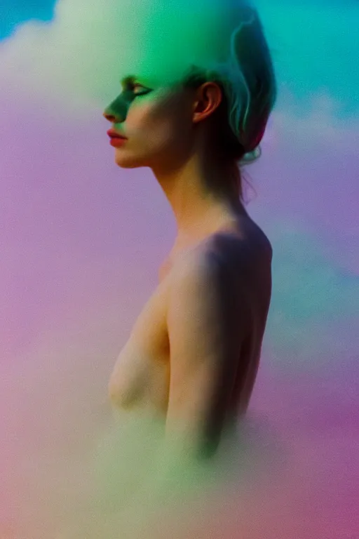 Image similar to high quality pastel coloured film close up wide angle photograph of a model wearing clothing swimming on cloud furniture in a icelandic black rock!! environment in a partially haze filled dreamstate world. three point light, rainbow. photographic production. art directed. pastel colours. volumetric clouds. pastel gradient overlay. waves glitch artefacts. extreme facial clarity. 8 k. filmic.