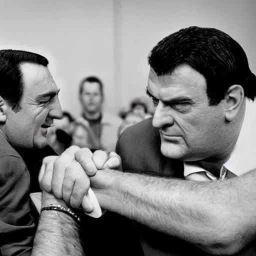 Image similar to Bertie Ahern arm wrestling Steven segal photorealistic in the style of a ansel adams