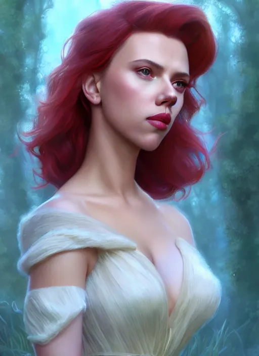 Image similar to scarlett johansson as a disney princess, au naturel, hyper detailed, digital art, trending in artstation, cinematic lighting, studio quality, smooth render, unreal engine 5 rendered, octane rendered, art style by klimt and nixeu and ian sprigger and wlop and krenz cushart