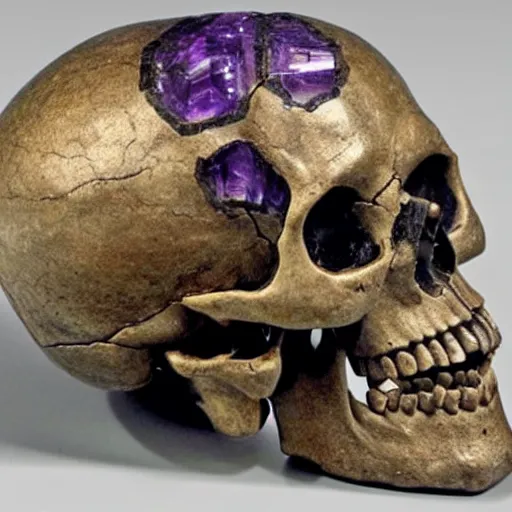 Prompt: human skull made of obsidian and amethyst, gold runic carvings