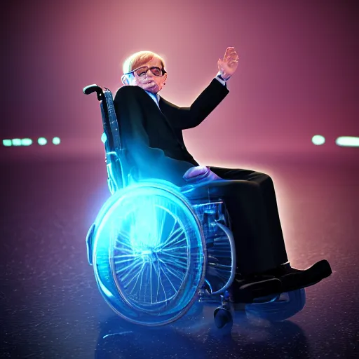 Prompt: Stephen Hawking in his wheelchair floating in almost completely dark outer space, digital art, trending on ArtStation, 3d rendered in octane, blender, epic lighting, highly detailed, smooth, Unreal Engine 5, cinematic, 8k, 4k