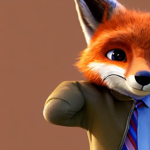 Image similar to 3 d render, portrait, anthropomorphic fox, male, in a brown leather maxi jacket, in the style of zootopia, closeup