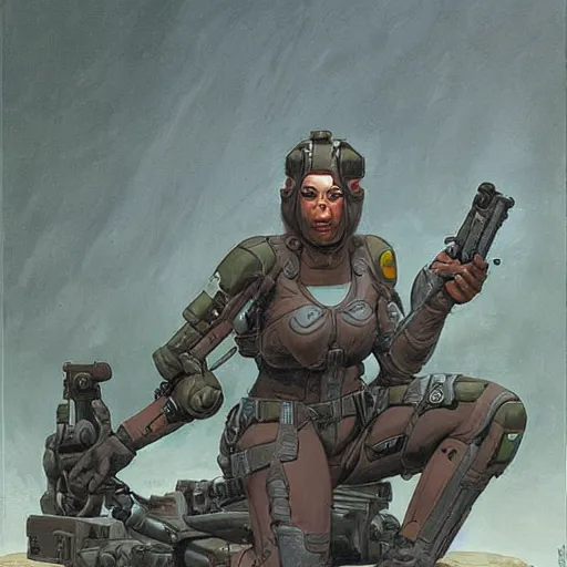 Prompt: female Scifi soldier gets ready, by Gerald Brom