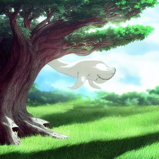 Image similar to big white whale flying near giant tree in the green field, anime, HD,