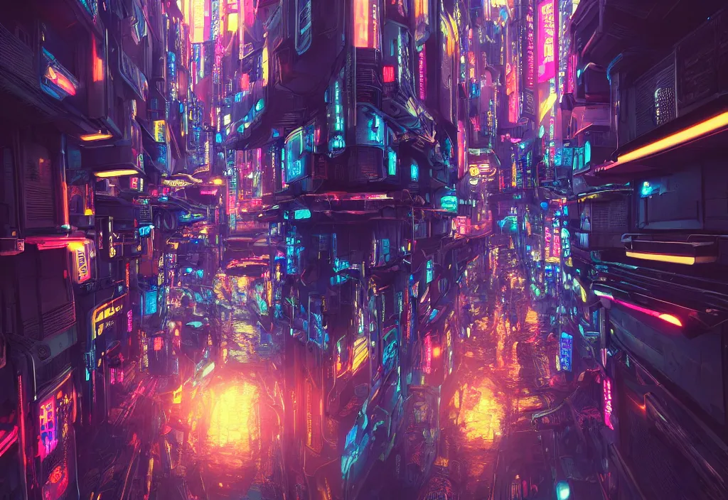 Image similar to a futuristic cyberpunk japanese izayaka alley with neon lights and lanterns, soft glow, intricate, cybernetic, viewed from above, trending on artstation, octane render, unreal engine, colorful, in the style of chris foss, rodger dean, moebius, michael whelan, and gustave dore