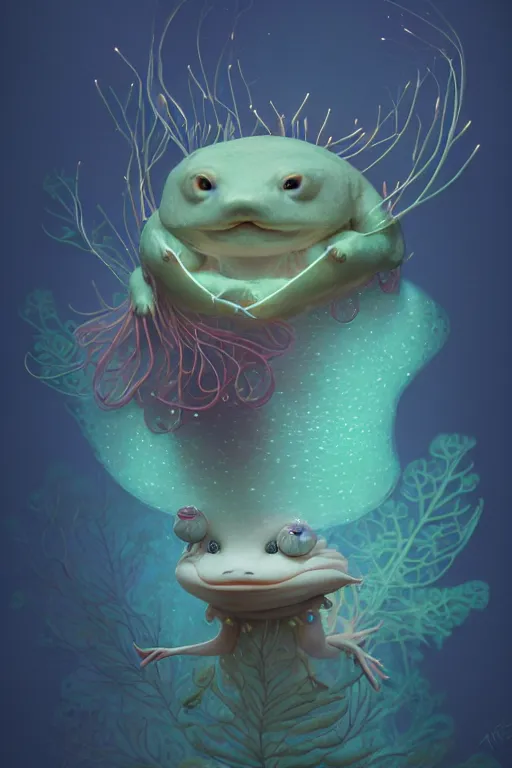 Image similar to Bioluminescent, portrait of axolotl wearing wizard hat, very intricate , trending on artstation , very elegant, in the golden hour by Daniel Merriam, Trending on Artstation, oil on Canvas by Elena Zhurikhina and Goro Fujita and Charlie Bowater, octane render, 4k, 8k, HD