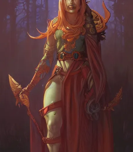 Image similar to Attractive Tiefling Druid,full body, dungeons and dragons portrait, highly detailed, digital painting, artstation, concept art, sharp focus, illustration, art by artgerm and greg rutkowski and alphonse mucha