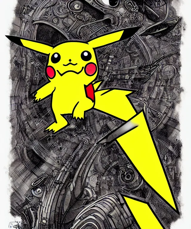 Image similar to pikachu in the art style of philippe druillet, crisp 8 k line art, digital painting, artstation, concept art, matte, sharp focus, hyper realistic lighting, illustration