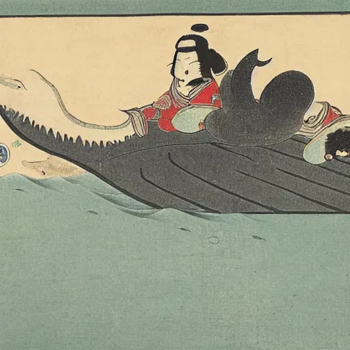 Image similar to dogs riding on the back of a whale in the middle of the ocean, Edo Period Japanese Art, award-winning art