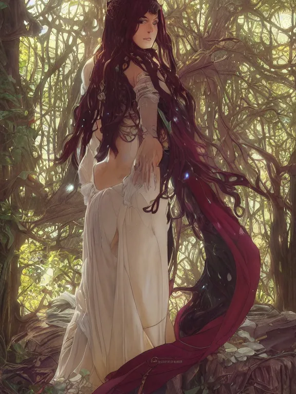 Image similar to anime key visual of amora the enchantress with her back to the camera wearing a medieval gown!! intricate, magical forest, stunning, highly detailed, digital painting, artstation, smooth, hard focus, illustration, art by artgerm and greg rutkowski and alphonse mucha