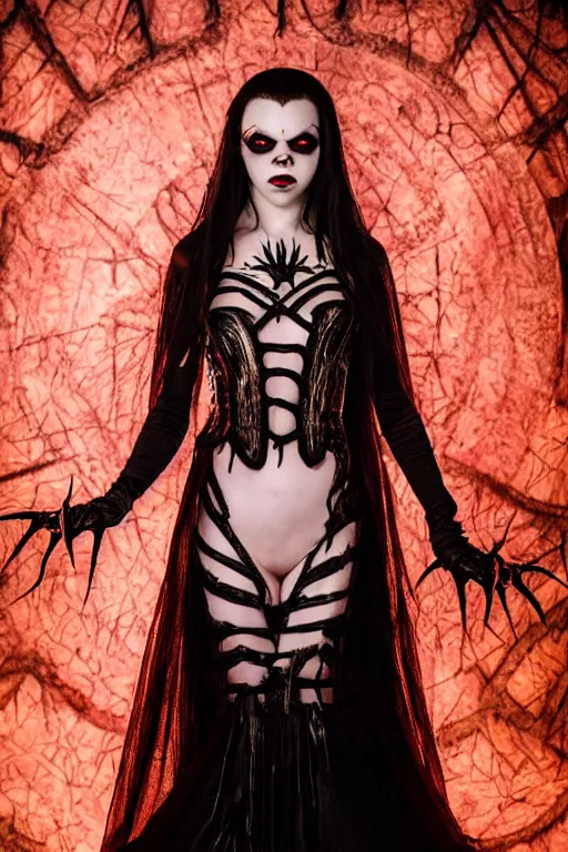 Image similar to dressed anya taylor - joy, a sinister demonic queen of cenobites, symmetrical, cinematic, elegant, demonic atmosphere, professional studio light, real dlsr photography, sharp focus, costume made by clive barker, real rotten flesh and blood, 4 k, ultra hd, sense of awe