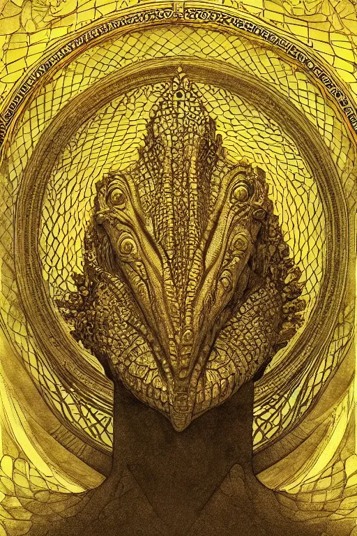 Prompt: beautiful crocodile headed god by maxfield parrish, mandala, coherent design, digital watercolor ink illustration painting, extremely dull colors, golden ratio, detailed, sharp lines, sharp focus, intricate, artgerm, gustave dore, alphonse mucha, octane render