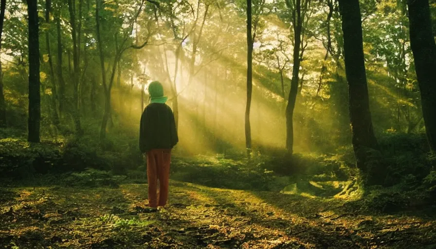Prompt: 1 9 9 0 s candid 3 5 mm photo of a beautiful forest in tokyo, cinematic lighting, cinematic look, golden hour, the clouds are epic and colorful with cinematic rays of light, a man walks down the center of the forest with a beanie on, photographed by petra collins, uhd