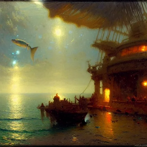 Image similar to point of view of botom of the ocean looking up, see fishes, the milk way, night time, midnight, no sunlight. highly detailed painting by gaston bussiere, greg rutkowski 8 k