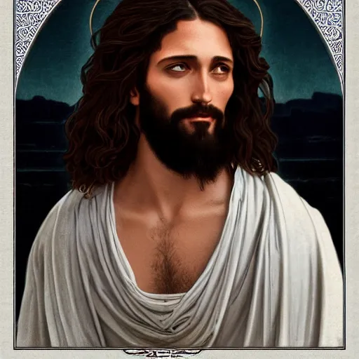 Image similar to an extremely detailed illuminated manuscript of a ridiculously good looking jesus that looks like a jewish gigachad, long curly hair, elegant ancient greek dress, very detailed, windy beach, beautiful, intricate, cinematic, artstation, william bouguereau, alphonse mucha, greg rutkowski, rossdraws, octane render