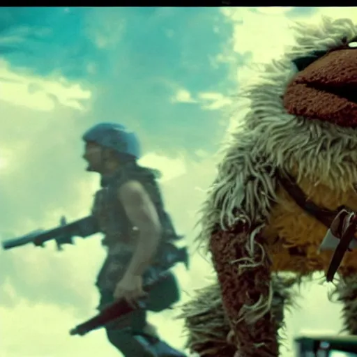 Prompt: cinematic shot, the cookie monster is rambo, explosions in the background