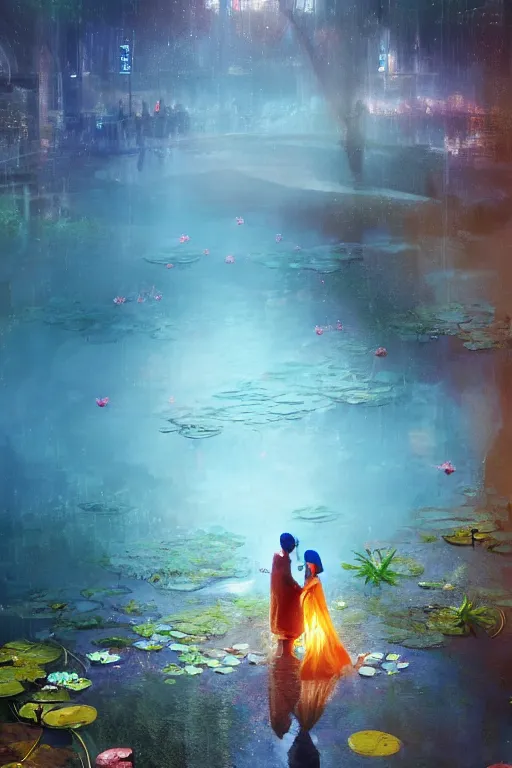 Image similar to nenufar in a pond, colorful, blue backgroung,clean, joyful, intricate, elegant, volumetric lighting, digital painting, highly detailed, artstation, sharp focus, illustration, concept art, ruan jia, steve mccurry