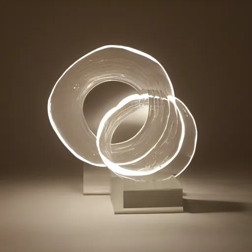 Prompt: a sculpture of three concentric rings made of clear crystal casting caustics on a white table morning light