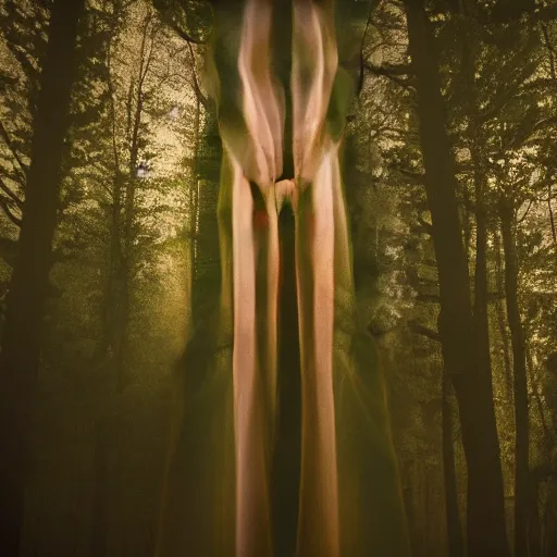 Image similar to woman in forest, double exposure photography, photorealistic, twilight, fog, haunted