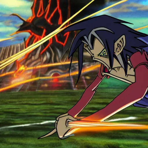 Prompt: film still of Yugi Muto playing Yu-Gi-Oh against Sauron from Lord of the Rings,Anime Artstyle by Kazuki Takahashi, midday, grassy landscape, long shot, wide shot, fullshot