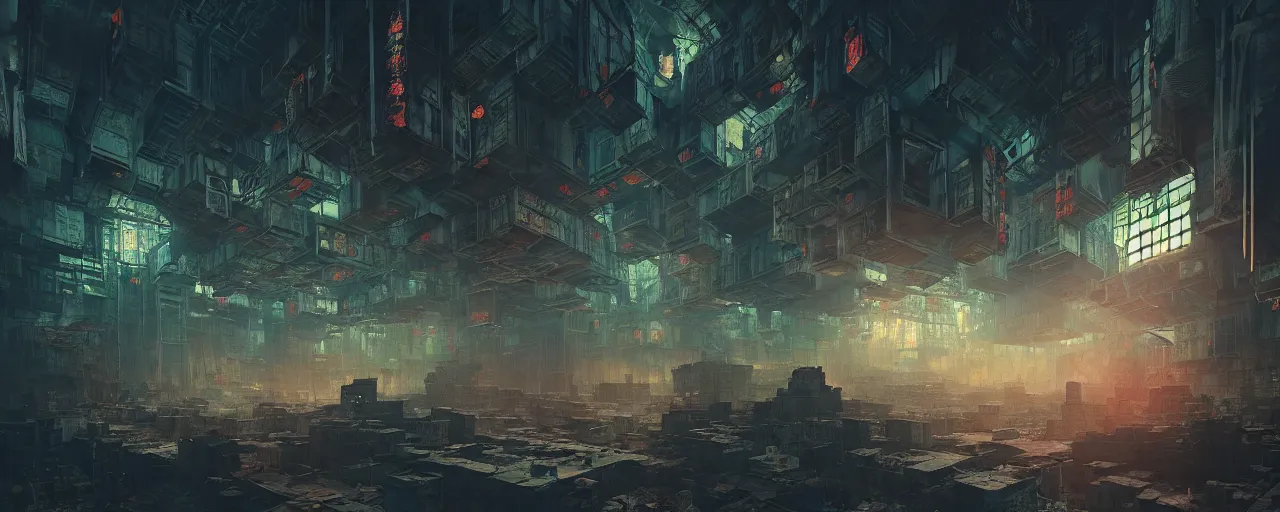 Image similar to duotone noir concept illustration inside of kowloon walled city stimulus overload, octane render, concept hideo kojima surreal atmosphere, abandoned buildings volumentric lighting. cosmic horror. accidental renaissance. by sachin teng and sergey kolesov and ruan jia and heng z. graffiti art, scifi, fantasy, hyper detailed. trending on artstation