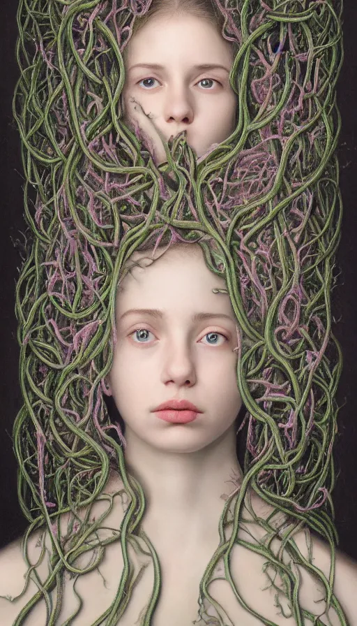 Image similar to very detailed portrait of a 2 0 years old girl surrounded by tentacles, the youg woman visage is blooming from fractal and vines, by gottfried helnwein