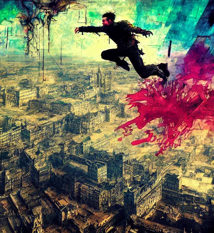 Prompt: realistic detailed image of a man jumping of a roof of ruined city, corrupted oversaturated 4 k uncropped photo by arthur rackham and francis bacon, high quality, ultra detailed. masterpiece, oil on canvas painting, pixel sorting, glitch, datamosh. bold and vivid acid neon colors. 8 k