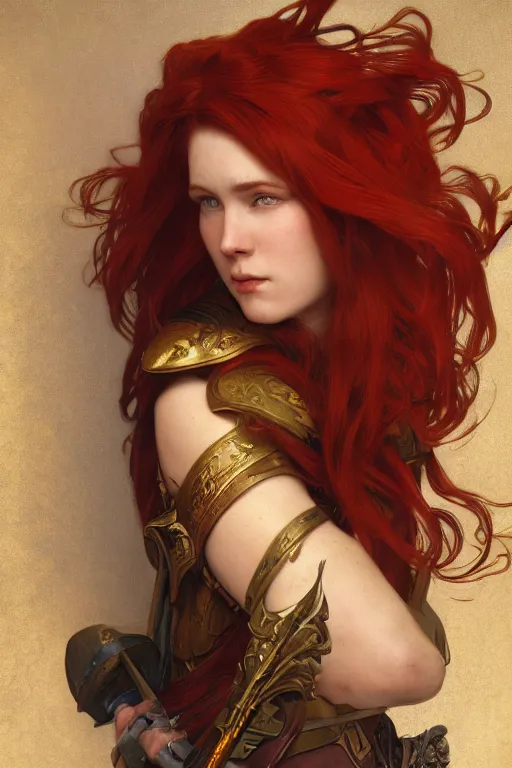 Image similar to face matte portrait of a red haired valkyry in a heroic pose and wearing thick bronze plate armo art by albert bierstadt, alphonse mucha, andreas rocha, greg rutkowski, sharp edges. ultra clear detailed. 8 k. elegant. octane render