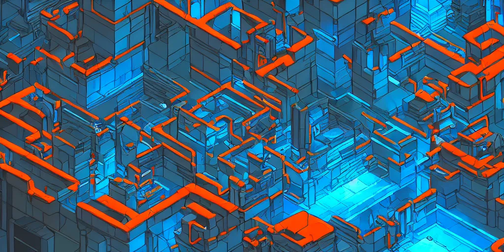 Image similar to cyberpunk dungeon, ancient caves, blue and orange neon lines along the wall, bluestone walls, isometric, trending on artstation