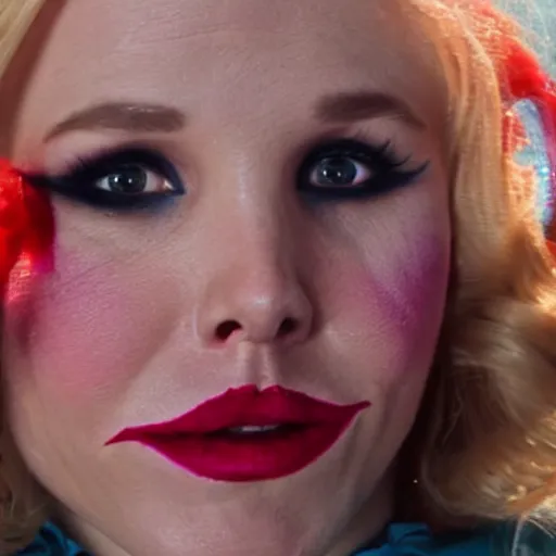 Image similar to gopro video of obese kristen bell in clowncore makeup