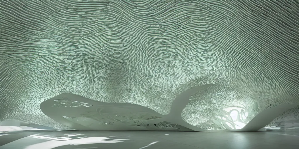Prompt: extremely detailed awe ornate stunning beautiful futuristic smooth curvilinear elegant museum symmetrical interior by zaha hadid, translucent gills, stunning volumetric light, stainless steel, concrete, translucent material, beautiful sunset, hyper real, 8 k, colorful, stunning light coming through, 3 d cinematic volumetric light, atmospheric light, green trees