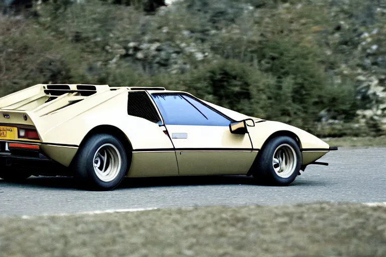 Image similar to 1975 De Tomaso Pantera BMW M1 Countach, movie still, speed, cinematic Eastman 5384 film