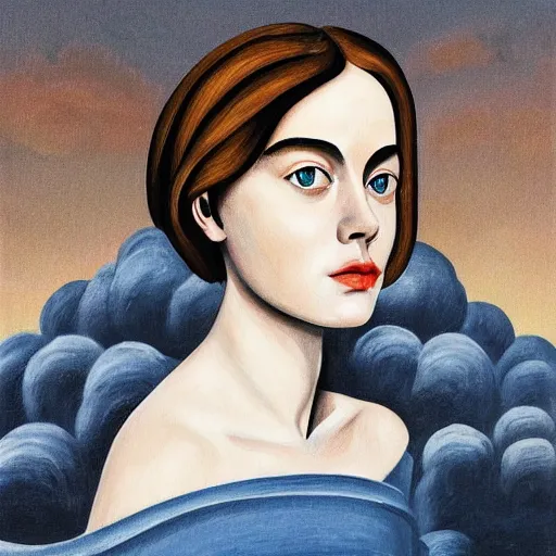 Prompt: professional painting of Elle Fanning in the style of Giorgio De Chirico, head and shoulders portrait, symmetrical facial features, smooth, sharp focus, illustration, intricate, stormy weather, extremely detailed masterpiece,