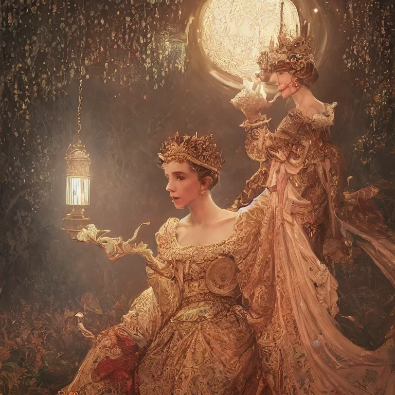 Prompt: a beautiful painting of a crowned princess in an ornate gown resembling millie bobby brown watching the lantern festival in ancient london, at night with a sky full of stars, intricate, elegant, highly detailed, digital painting, artstation, concept art, by krenz cushart and artem demura and alphonse mucha